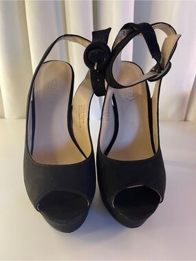 Cathy by Cathy Jean - Black Suede Peep-Toe Platform Heels